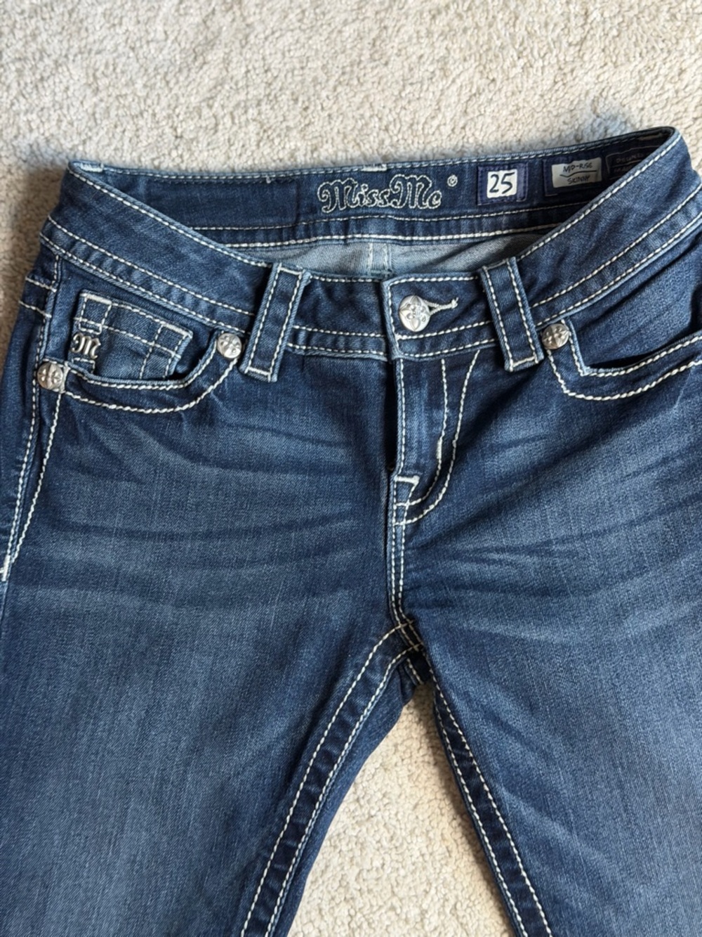 Miss Me Women’s Dark Blue Skinny Jeans with White Contrast Stitching